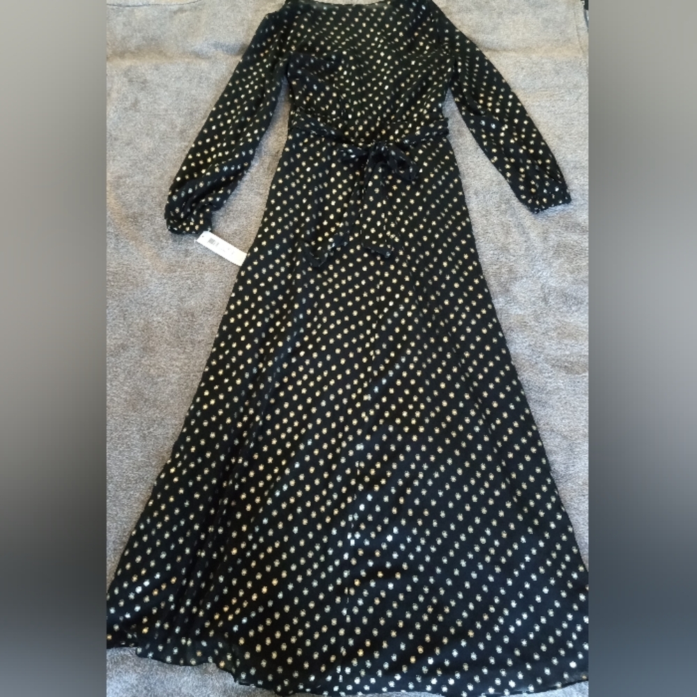 Eliza J NWT black chiffon maxi with gold dots and high slit - Picture 2 of 11